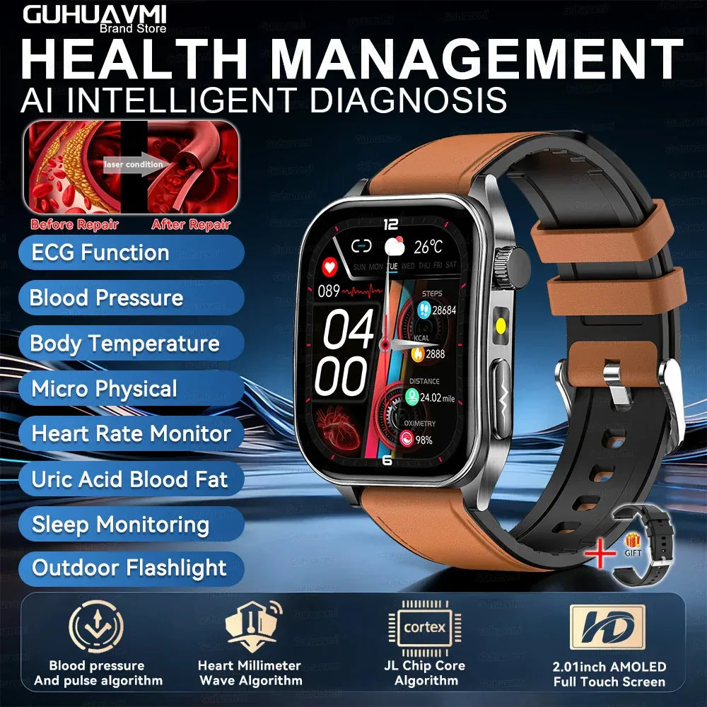 New 650nm Dual probe laser Health Smart Watch ECG+PPG Blood pressure Uric Acid Blood lipids AMOLED Physical therapy Smartwatches