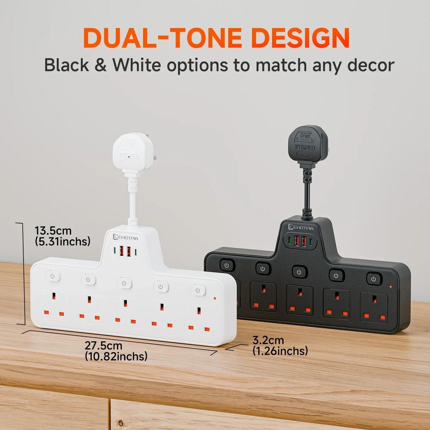 2500W UK Plug Power Strip Wall Mounted Independent Switches, Multitap Network Filter USB-C Ports 2.1A Fast Charging Adapter