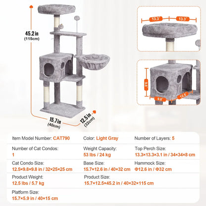 SucceBuy Cat Tree for Indoor Cats 45.2"  Tower with Cat Condo Sisal Scratching Post HammockTop Perch Jumping Platforms Dark Grey