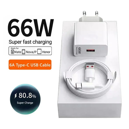 6A 66W Super Fast EU US Wall Charger Adapter 6A Type-C Cable For Huawei Mate 40 50 60 P50 Nova8 9 10 Honor 90 100 X7 X8 X9 Magic