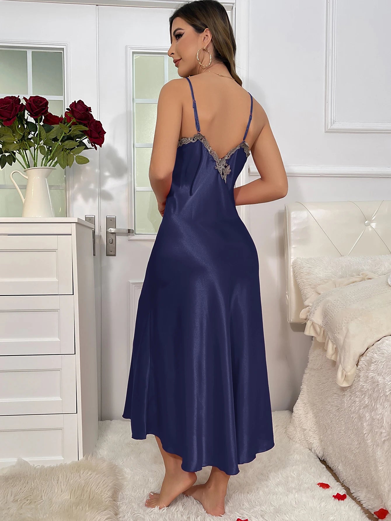 2cs Contrast Lace  Long Sleeve Belted Robe V Neck Slip Dress Sexy Elegant Women Pajamas  Sets