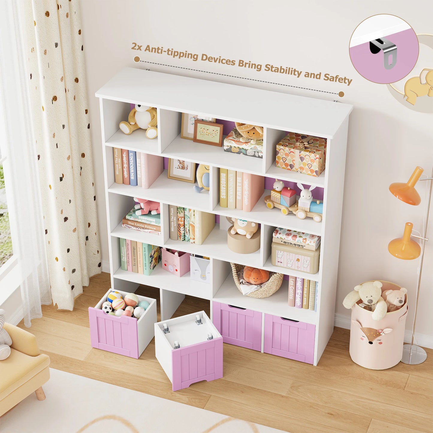 Getone Kids Toy Storage Unit Childrens Bookcase with 4 roller drawers 11 shelves Toy Organiser Kids Bookshelf for Nursery Playroom 125.5x33x146 cm White/ Pink