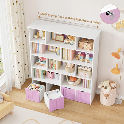 Getone Kids Toy Storage Unit Childrens Bookcase with 4 roller drawers 11 shelves Toy Organiser Kids Bookshelf for Nursery Playroom 125.5x33x146 cm White/ Pink