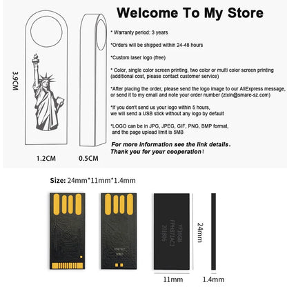50PCS/lot Metal USB 2.0 Flash Drives 1GB 2GB 4GB Pendrive 8GB 16GB Pen Drive 32GB 64GB Memory USB Sticks 128MB 256MB Free LOGO