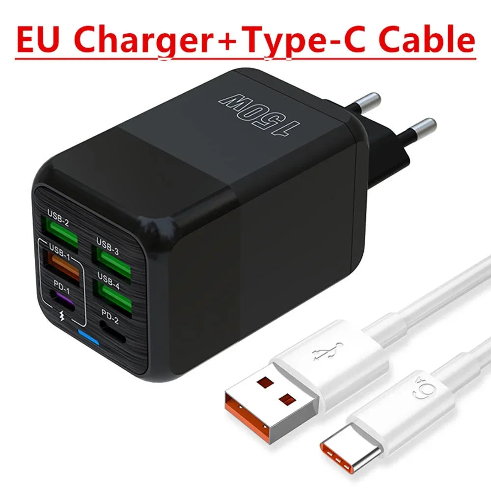 150W Multi Port USB Charger 6 Ports Fast Charge Phone Charger Wall Adapter For iPhone Samsung Xiaomi EU/US/UK Plug Quick Charger