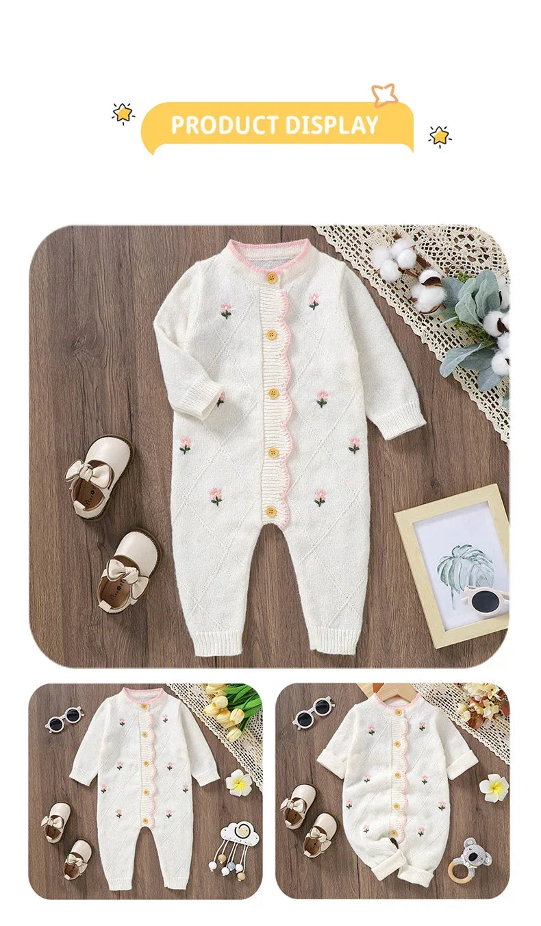 Newborn Baby Rompers Knit Infant Girl Jumpsuit Long Sleeve Autumn Toddler Kid Clothes Fashion Ruffles Embroidered 0-18M Overalls