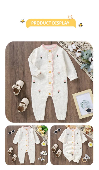 Newborn Baby Rompers Knit Infant Girl Jumpsuit Long Sleeve Autumn Toddler Kid Clothes Fashion Ruffles Embroidered 0-18M Overalls