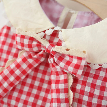 Girls Dresses Summer Cotton Red Checkered Bow Sleeveless Baby Girl Dress Cartoon Casual Beach Baby Clothing