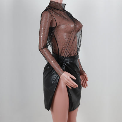 Summer Sexy Lace Mesh Sheer T Shirt Women Transparent Tops Turtleneck See Through Cover Up  Long Sleeve Shine Rhinestone Crops