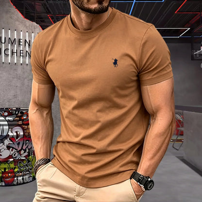 100% pure cotton 2026 high-end brand men's short sleeved round neck top summer fashion luxury pony embroidery top sports T-shirt
