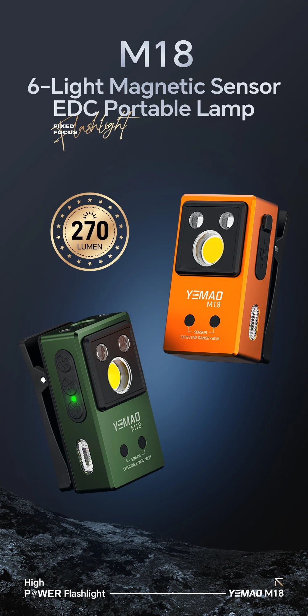 YEMAO M18 270LM Clip Pocket Flashlight 7 Color RGB Built-in 500mAh Battery Rechargeable 6 Light EDC Magnetic Sensor Lamp UVLight