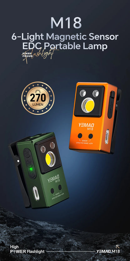 YEMAO M18 270LM Clip Pocket Flashlight 7 Color RGB Built-in 500mAh Battery Rechargeable 6 Light EDC Magnetic Sensor Lamp UVLight