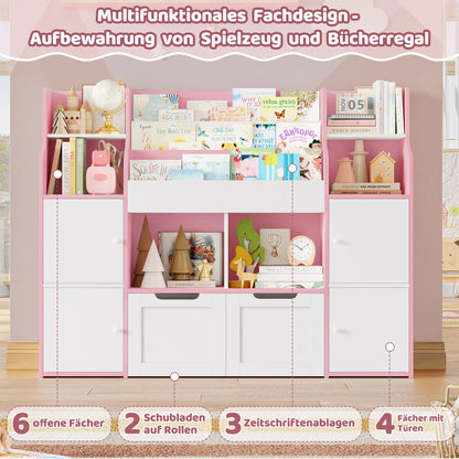 Getone Toy Storage , Childrens Bookcase,Unit 3-tier Kids Bookshelf, Kids Storage with 2 Drawers with Wheels, 4 Doors, 6 Open Shelves,multi-functional toy storage unit122x30x100cm