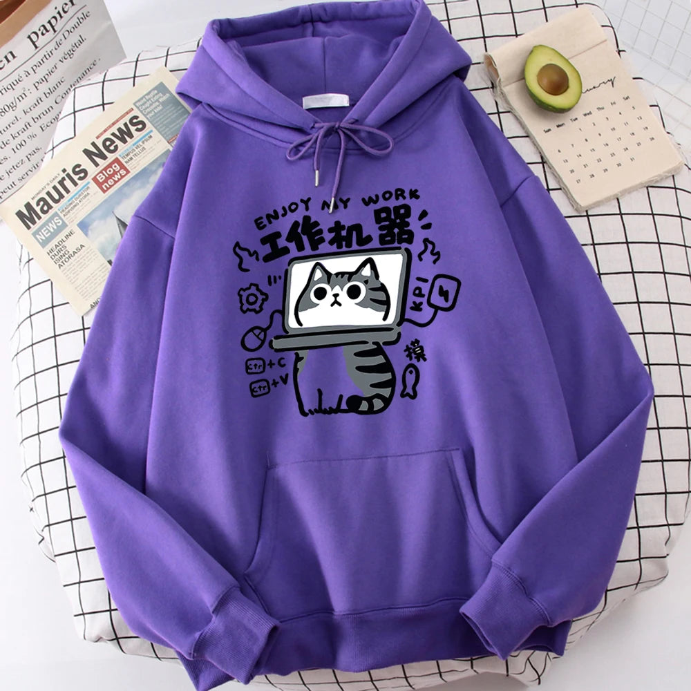 The Cartoon cat is an abstract working machine printed men's hoodie that is comfortable and casual
