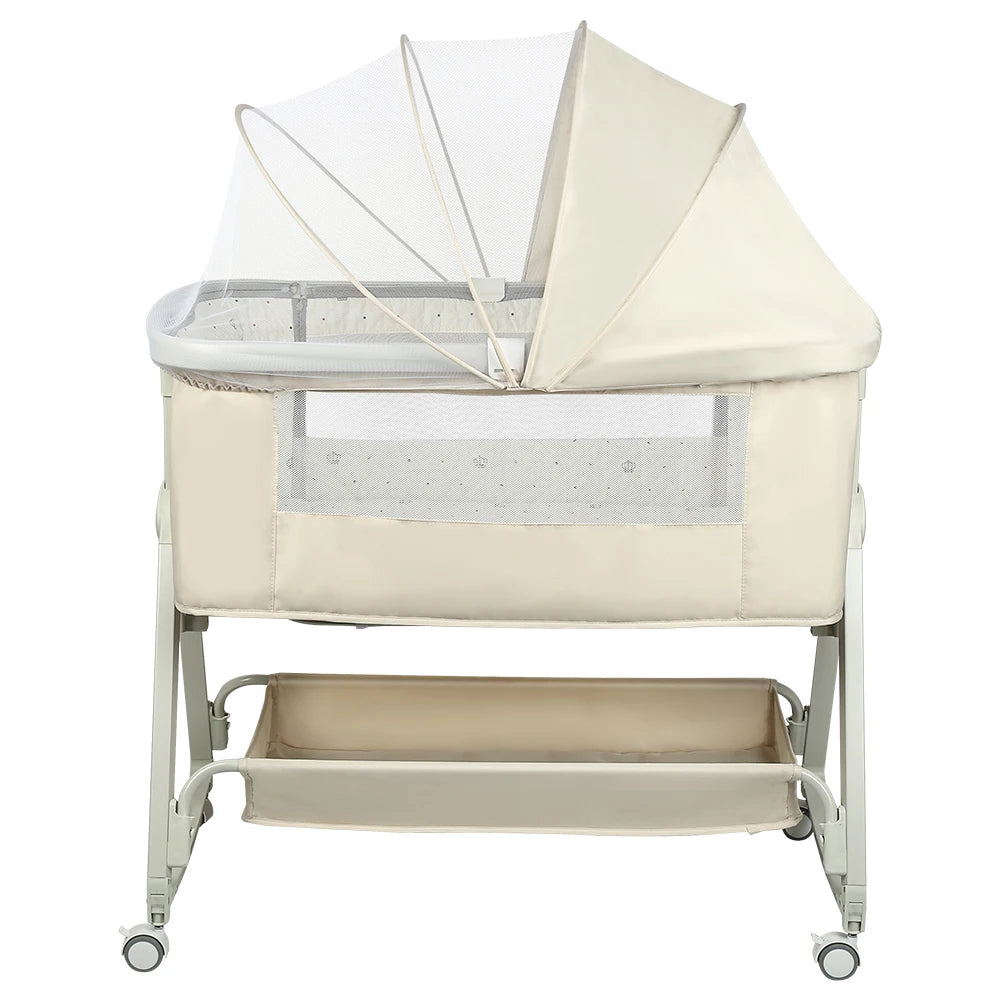 4-in-1 Baby Co-Sleeping Crib, Adjustable to 6 Positions, with Mattress, 15° Incline, Wheels with Brakes, Baby Crib 0-24 Months
