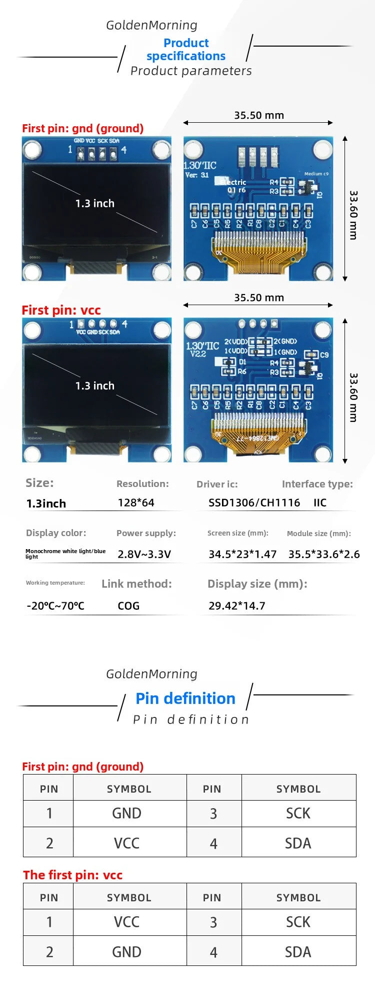 1.3" OLED Display Module White/Blue Color Drive Chip CH1106 128X64 1.3 inch OLED LCD LED IIC I2C Communicate For Arduino