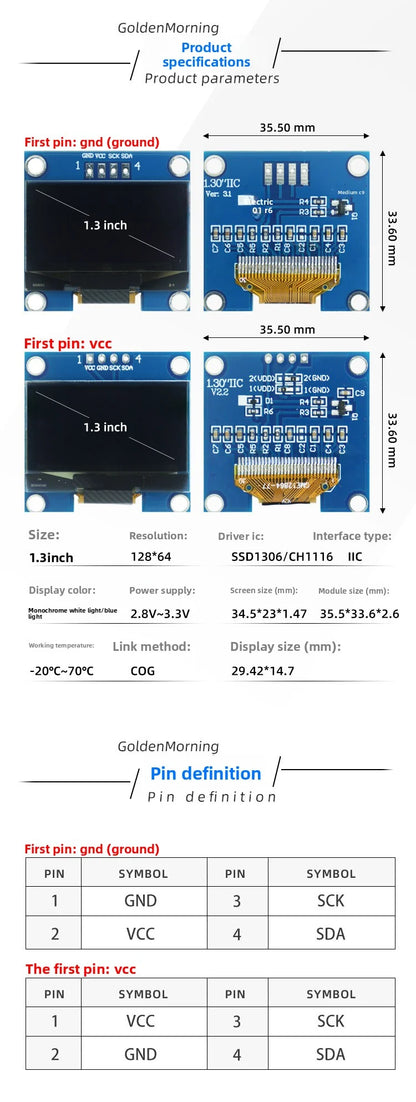 1.3" OLED Display Module White/Blue Color Drive Chip CH1106 128X64 1.3 inch OLED LCD LED IIC I2C Communicate For Arduino