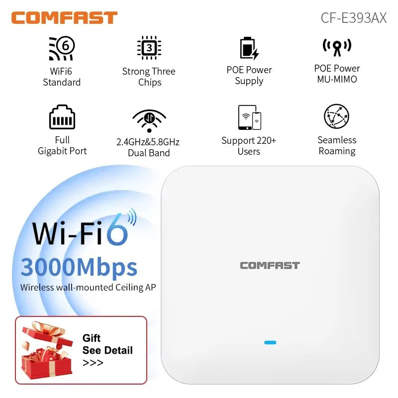 COMFAST WiFi6 High Power Ceiling AP AX3000 Gigabit Wireless Cover Access Point 2.4G 5Ghz 802.11AX Wi-Fi POE MU-MIMO CF-E393AX