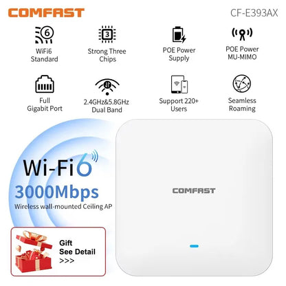 COMFAST WiFi6 High Power Ceiling AP AX3000 Gigabit Wireless Cover Access Point 2.4G 5Ghz 802.11AX Wi-Fi POE MU-MIMO CF-E393AX