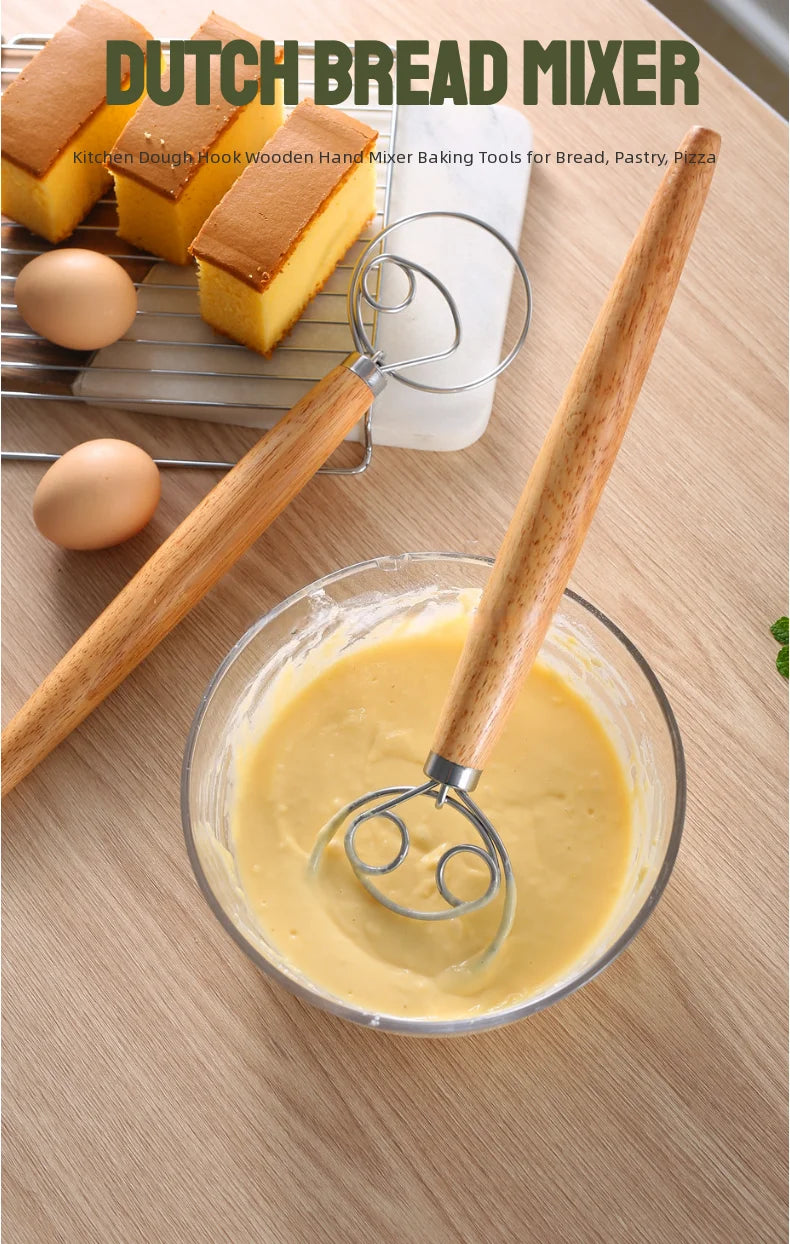 304 Stainless Steel Dough Whisk with Smooth Wooden Handle Sourdough & Bread Mixing 13 Inch Danish Dough Whisk Bread Tools