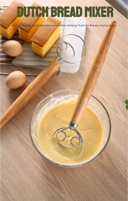304 Stainless Steel Dough Whisk with Smooth Wooden Handle Sourdough & Bread Mixing 13 Inch Danish Dough Whisk Bread Tools