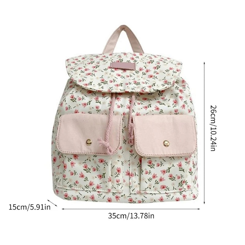 Women Girls Sweet Floral Double Pockets Shoulder Bag Japanese Aesthetic Small Backpack Casual Student Shool Book Bag F3MD