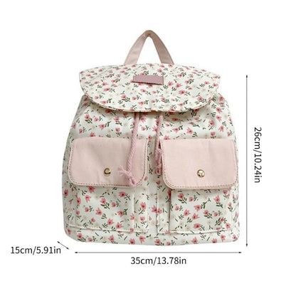 Women Girls Sweet Floral Double Pockets Shoulder Bag Japanese Aesthetic Small Backpack Casual Student Shool Book Bag F3MD
