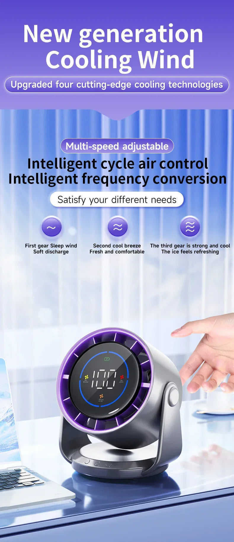 Rechargeable Portable Desktop Fan Digital Multi-Speed Cooling Fan for Indoor Outdoor Home Office Use