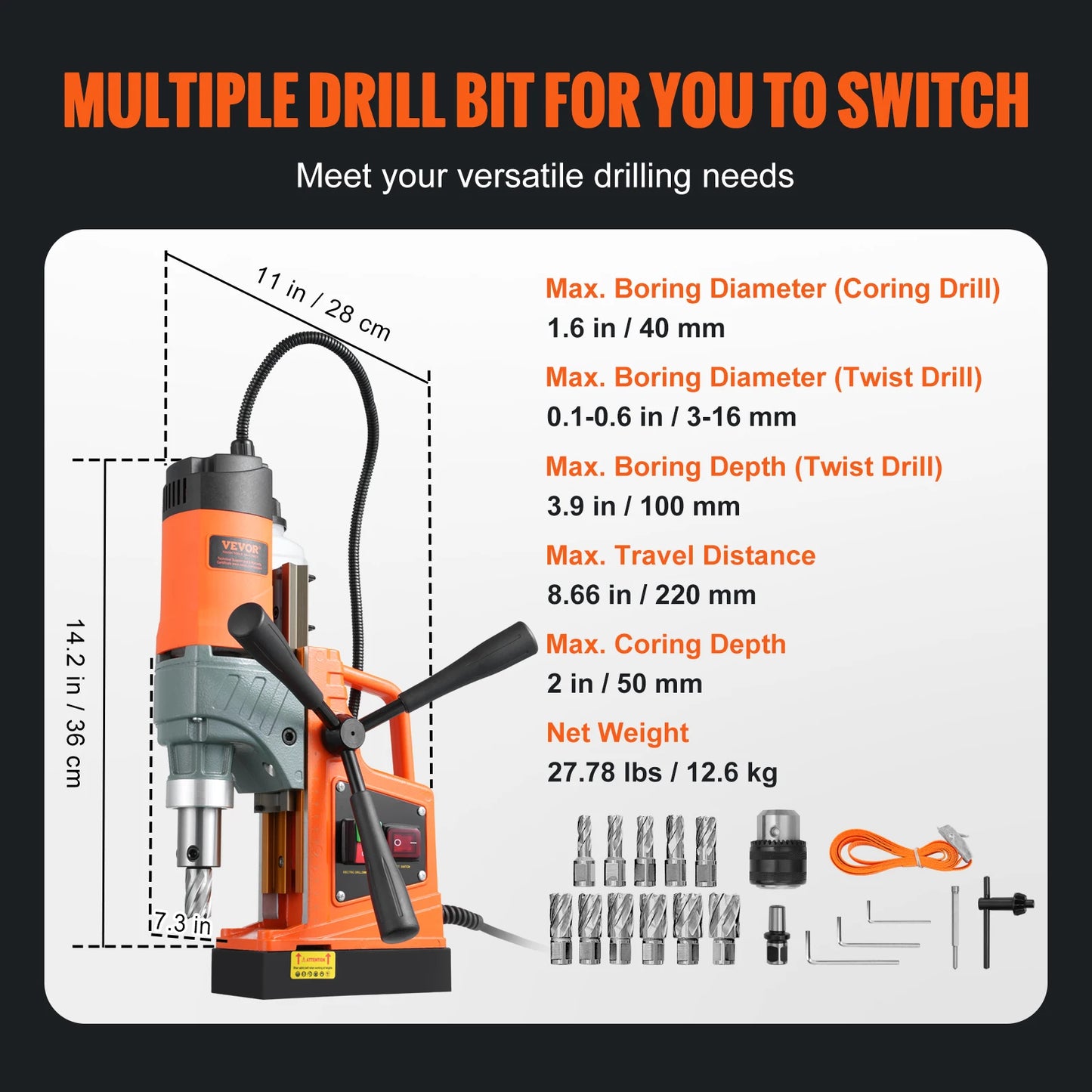 SucceBuy 1450W Magnetic Drill 2"Boring Diameter 12500/12800N Portable Electric Mag Drill Press 800 RPM Magnetic Drilling Machine