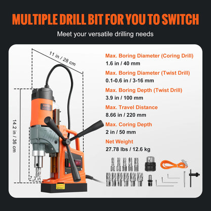 SucceBuy 1450W Magnetic Drill 2"Boring Diameter 12500/12800N Portable Electric Mag Drill Press 800 RPM Magnetic Drilling Machine