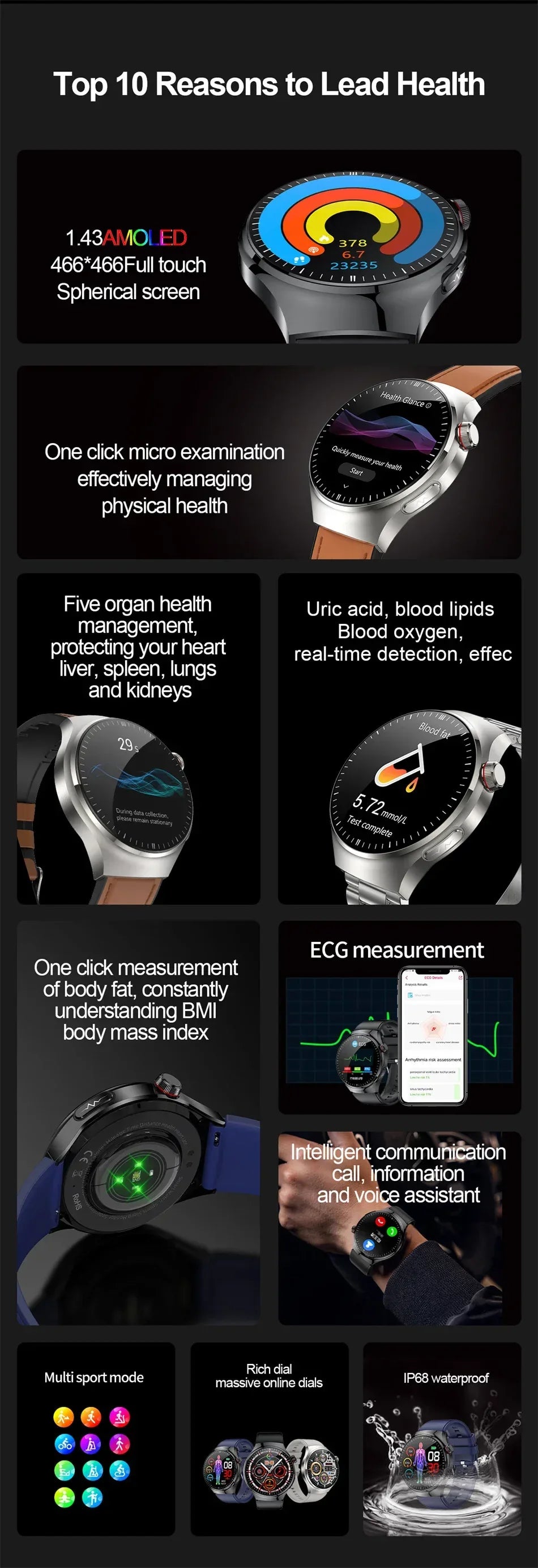 2026New For Man Smartwatches Outdoor Sport Smart Watch Men 1.43“ HD AMOLED Screen ECG physical examination BT5.0 Call smartwatc