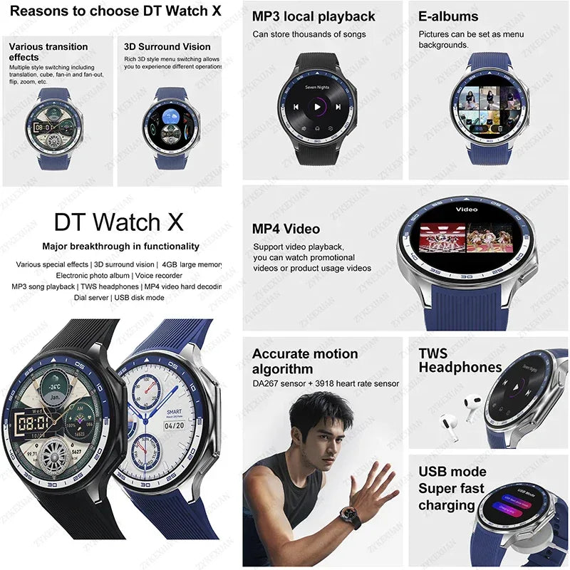 DT Watch X 4G Memory For OPPO Smart Watch Music Video Bluetooth Call IP68 Waterproof AMOLED Smartwatch For TWS Earphones 2026New