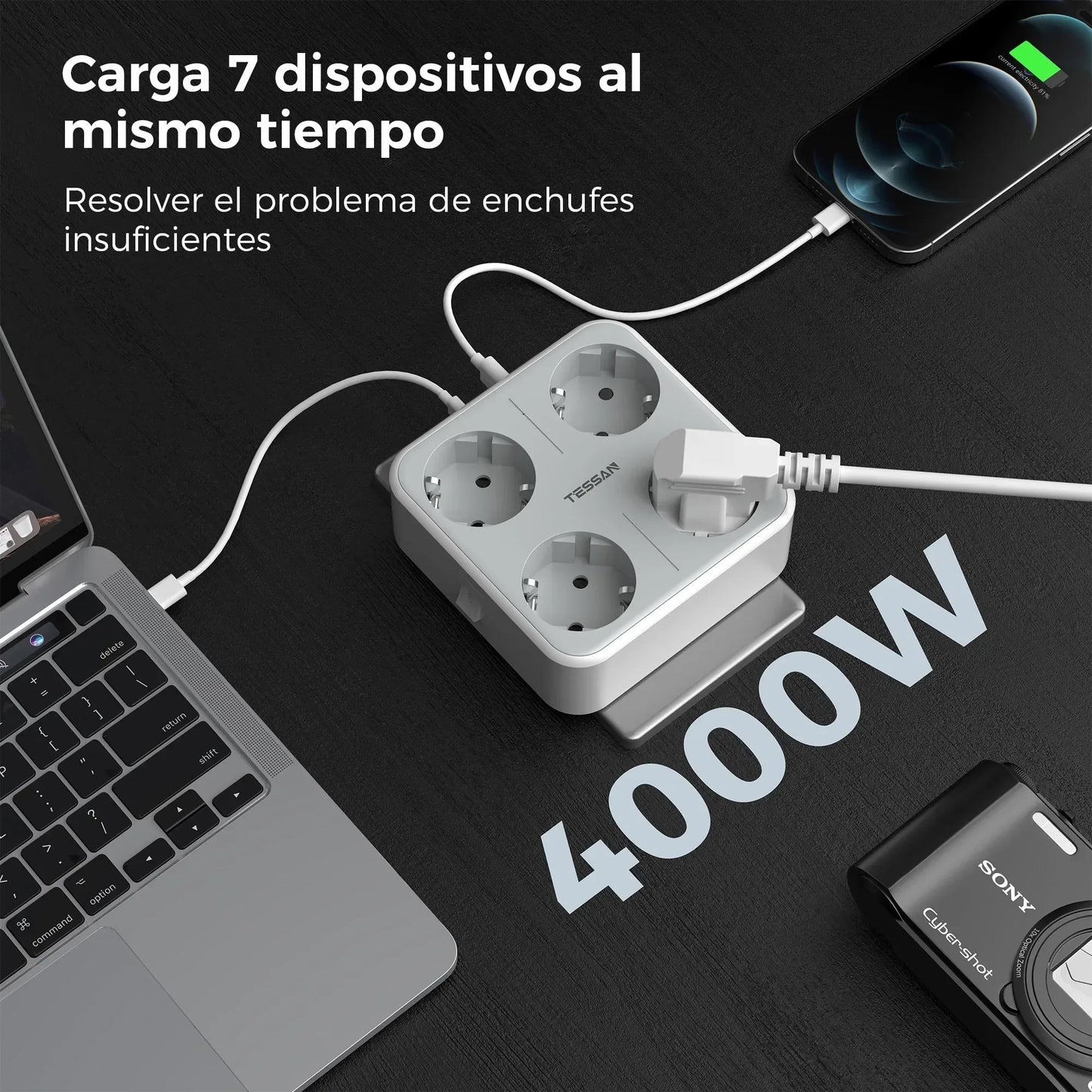 TESSAN Multiple Wall Socket Power Strip with 4 AC Outlets & 3 USB Ports 7 in 1 Adapter Overload Protection for Home Office