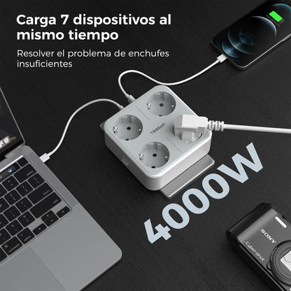 TESSAN Multiple Wall Socket Power Strip with 4 AC Outlets & 3 USB Ports 7 in 1 Adapter Overload Protection for Home Office