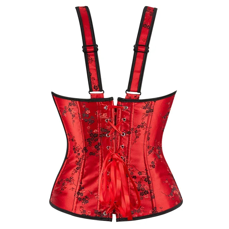 Corset Top Bustier Strap Embroidery Flower Plus Size Overbust Corselet Burlesque Sexy Lingerie Women Red Black DropShipping
