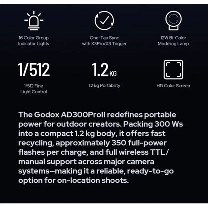 Godox AD300Pro II 300Ws Outdoor Flash TTL HSS 1/8000s 2.4G Wireless Strobe with Rechargeable Battery for Canon Sony Nikon Fuji