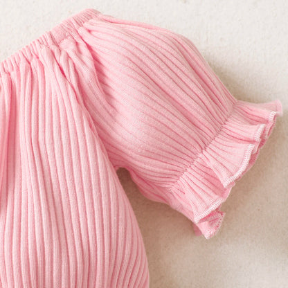 Baby girl pink round-necked button short-sleeved shirt flower print shorts suit