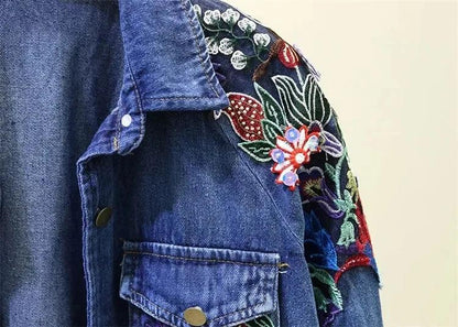 Spring Autumn Loose Vintage Flower Embroidered Denim Jacket Women Single-breasted Casual Raw Fringe Hole Jeans Jackets Female