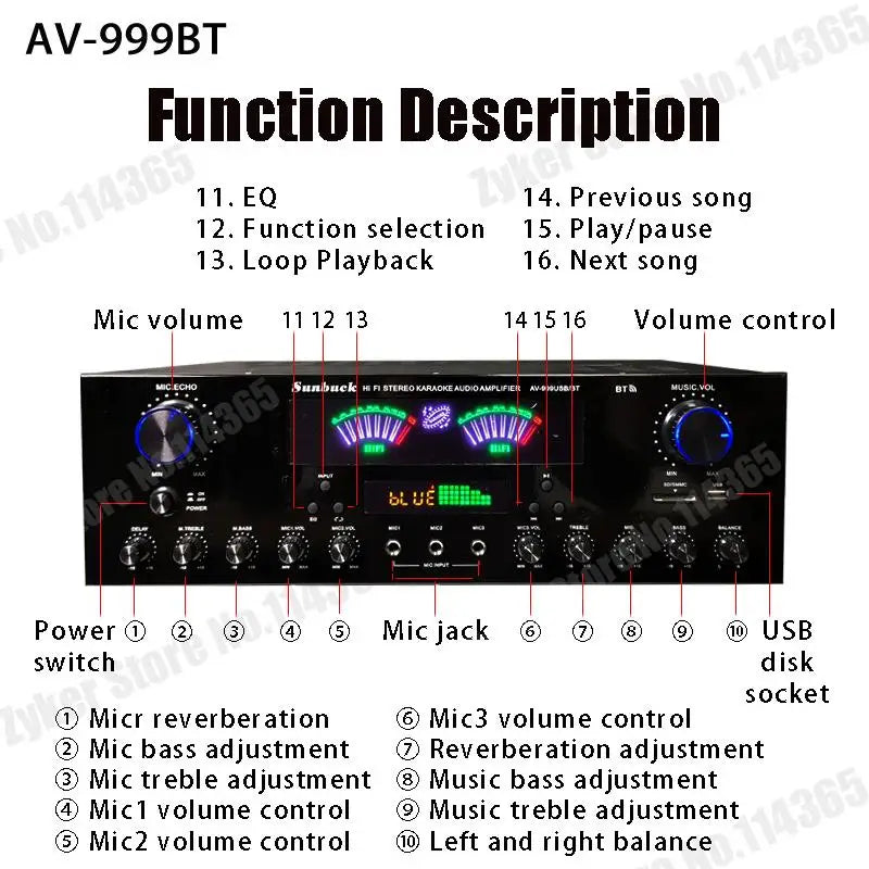 AV-555BT/999BT Max 4000W Bluetooth Sound Amplifiers Dual Dynamic Screen HiFi Digital Stereo Amplify For Home Car Theatre Karaoke