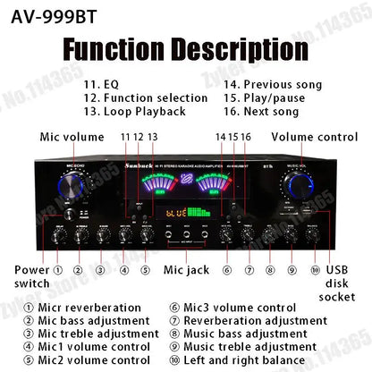 AV-555BT/999BT Max 4000W Bluetooth Sound Amplifiers Dual Dynamic Screen HiFi Digital Stereo Amplify For Home Car Theatre Karaoke