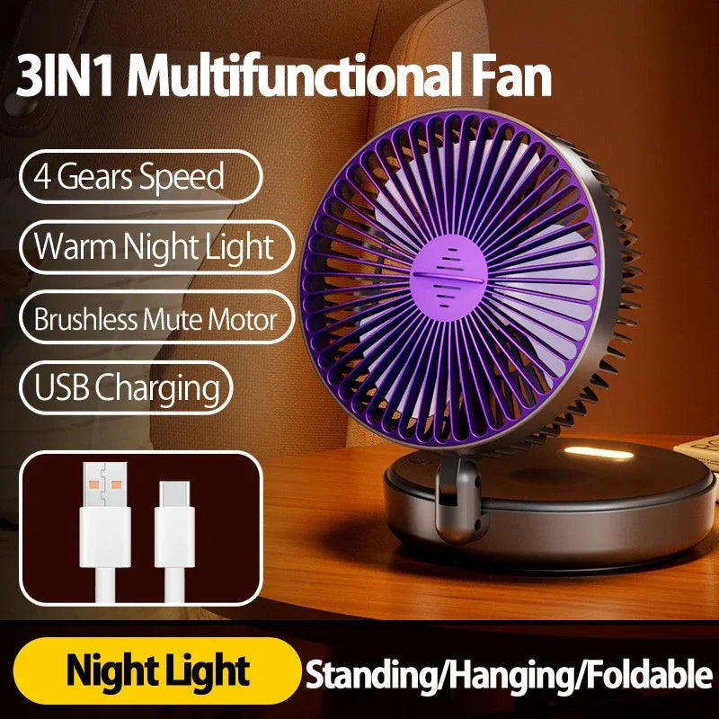 New 5000mAh Rechargeable 3IN1 Multifunctional Portable Fan Wall Mounted Fan 90° Folding Fan 4 Gears With Warm Night Light