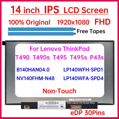 14" Laptop LCD Screen LP140WFH-SPD1 NV140FHM-N48 For Lenovo ThinkPad T490 T490s T495 T495s P43s Display Matrix Panel Non-Touch