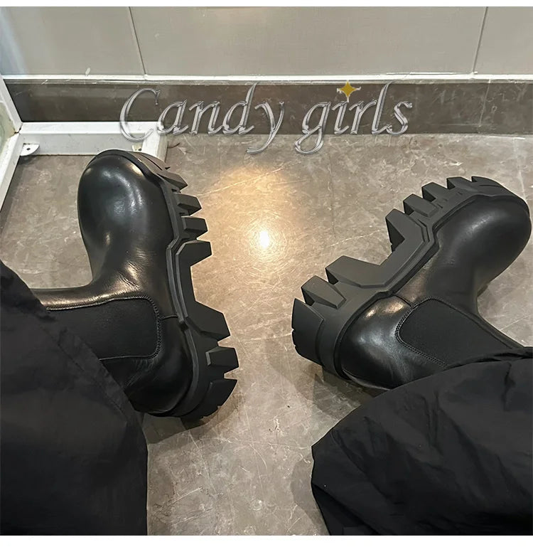 Retro Chelsea Mid-Calf for Women 2024 New round Toe Muffin Gear Platform Black Mid-Calf Length Motorcycle Boots