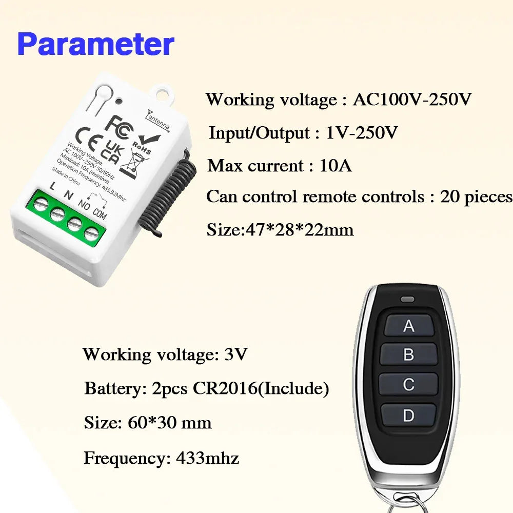 RF433MHz Dry Contact Wireless Remote Control Light Switch AC110V 220V 10A Mini Relay Module for Garage Control Lock LED DIY Lamp