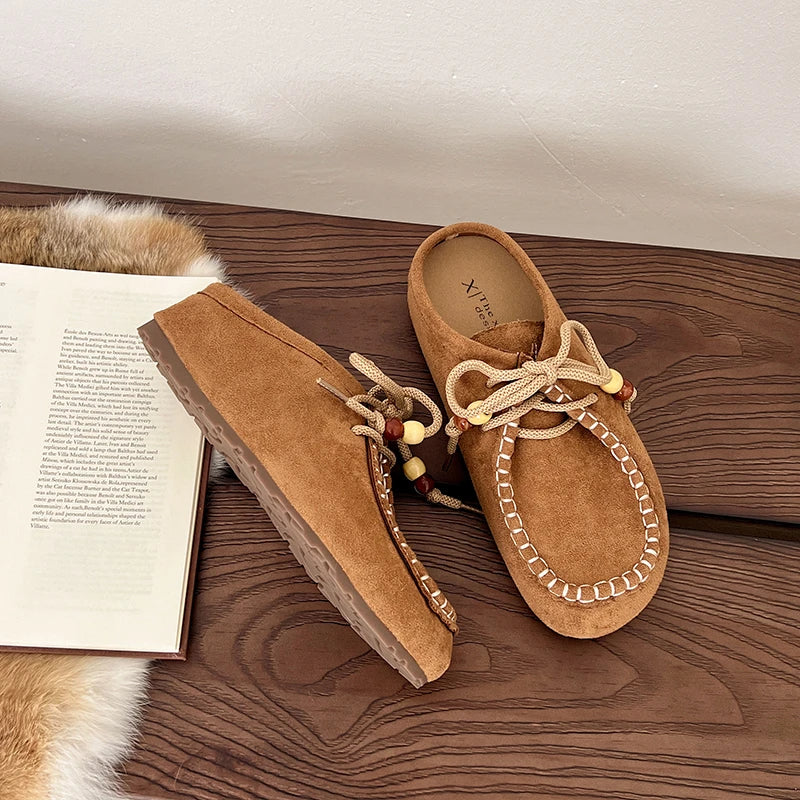 Baotou Slippers Spring New Round Head Deep Mouth Cow Suede Beaded Metal Buckle Soft Sole Anti-slip Wear-resistant Flat Shoes