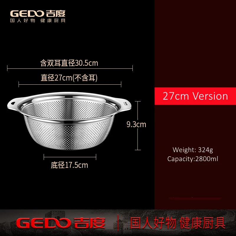 LFGB Certification Kitchen Fruit Vegetable and Rice Washing Basin 23~31cm Diameter Dense Drainage Hole Colander with Side Handle