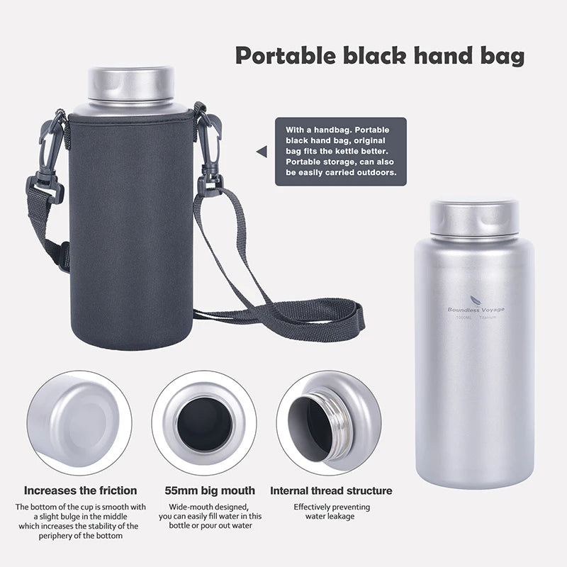 Boundless Voyage Sports Bottle 1000ml, Titanium Water Bottle Wide Mouth, Camping Hiking Cycling Drinkware, Tea Coffee Canteen