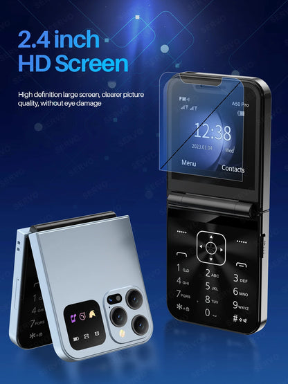 SERVO A50 PRO Flip Mobile Phone 2.4" Display Speed Dial Call Recording Blacklist 2 SIM Unlocked Foldable Cellphones New Version