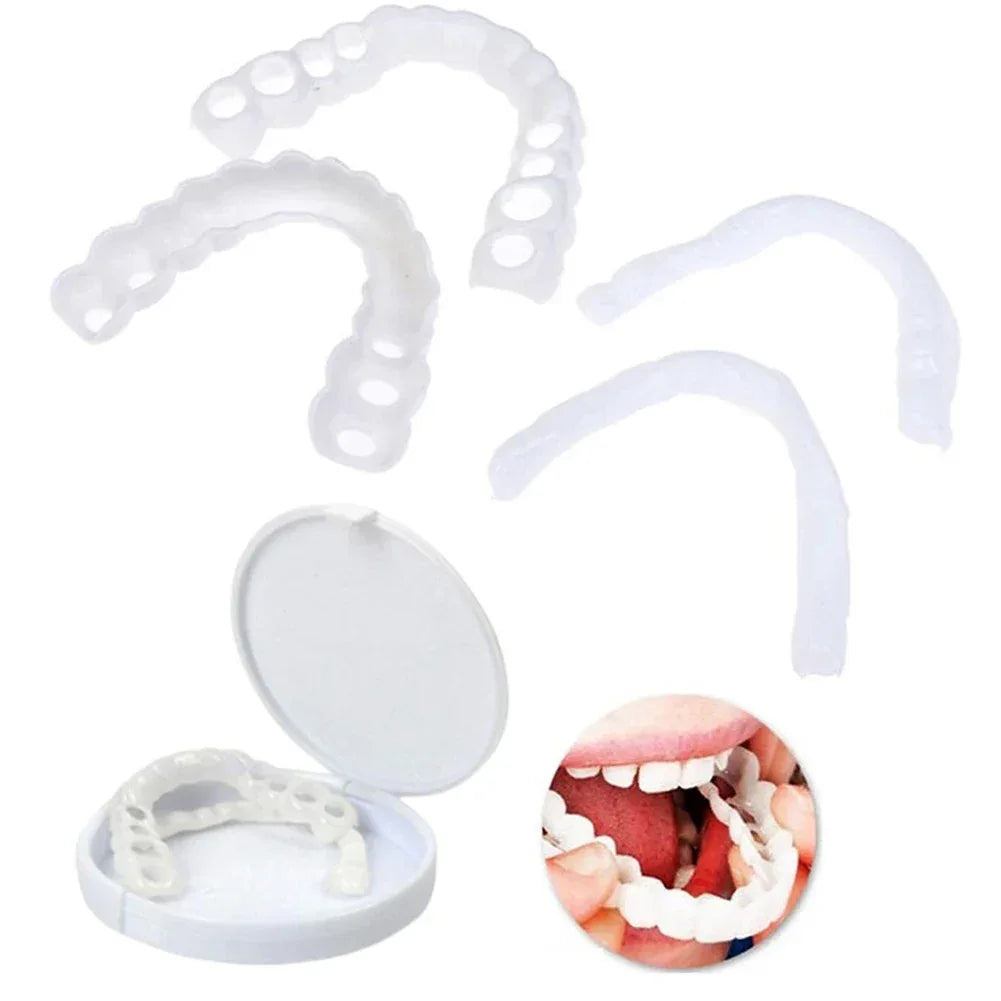 2 Pairs Smile Whitening Teeth Snap On Silicone Cosmetic Denture Upper and Lower Fake Tooth Cover Perfect Fit Teeth Beauty Tool