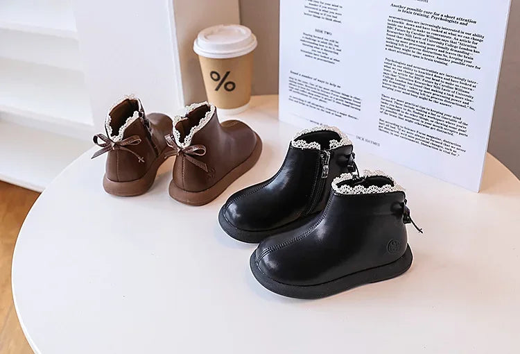 2024 New Autumn Children Boots Leather Girls Ankle Boots  Lace Butterfly-knot  Rubber Sole Fashion Toddler Kids Boots EU 21-30
